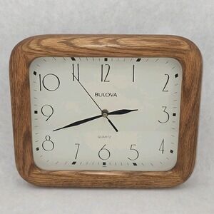 EUC Vintage Bulova C4412 Rectangle Oak Wood Wall Clock 11½'' x 9½" Working